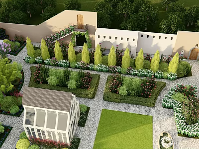 Well Designed Garden Landscape With Trimmed Trees Flower Beds Stone Pathways And Greenhouse 3d model