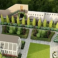 Well Designed Garden Landscape With Trimmed Trees Flower Beds Stone Pathways And Greenhouse