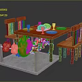 Colorful Monsters Under Dining Table With Wooden Chairs Plates Food And Glasses