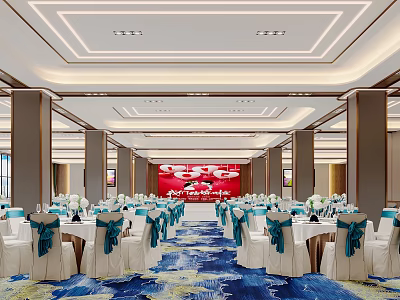 Elegant Banquet Hall Interior Featuring Arranged Tables Chairs Blue Sashes Patterned Carpet And Ceiling Lights 3d model