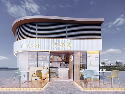 Modern CHAXIXI Milk Tea Shop With Curved Glass Facade And Outdoor Seating 3d model