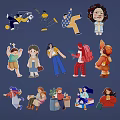 Cartoon Character Stickers Wall Decor With Various Poses And Actions On Dark Blue Background
