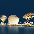 Magical Night Scene With Hot Air Balloon Moon And Balloon Tree Decorations