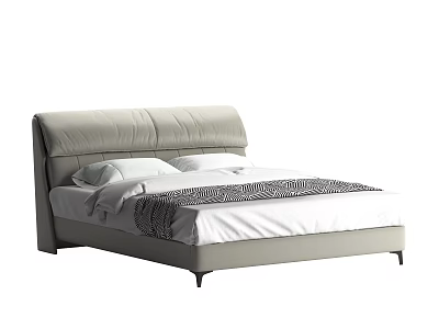 Modern Double Bed With Curved Leather Headboard White Pillows And Striped Blanket 3d model