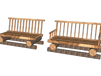 Rustic Natural Log Wooden Outdoor Bench With Backrest And Armrest For Garden Patio 3d model