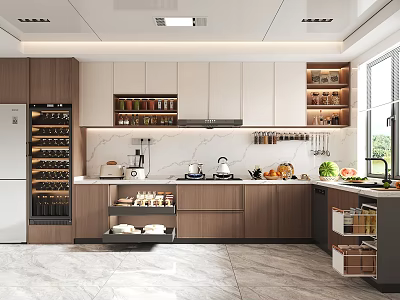 Modern Kitchen Interior Design With Wooden Cabinets White Countertops Wine Refrigerator And Spice Rack 3d model