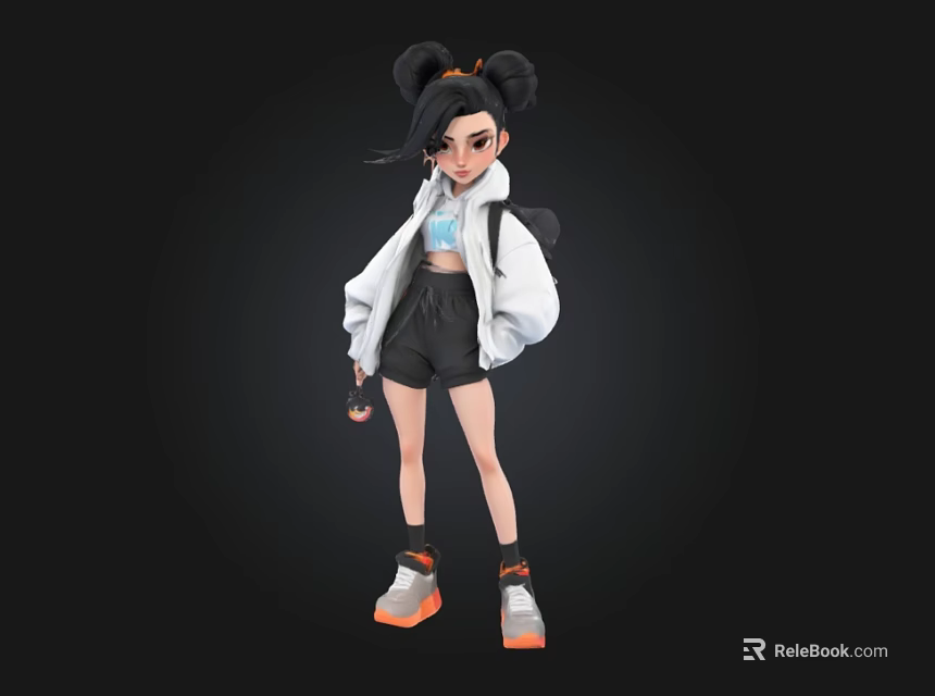 3D Anime Style Character With Double Buns White Jacket Black Shorts And Orange Sneakers 3d model 