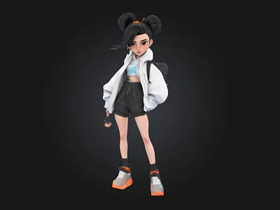 3D Anime Style Character With Double Buns White Jacket Black Shorts And Orange Sneakers 3d model