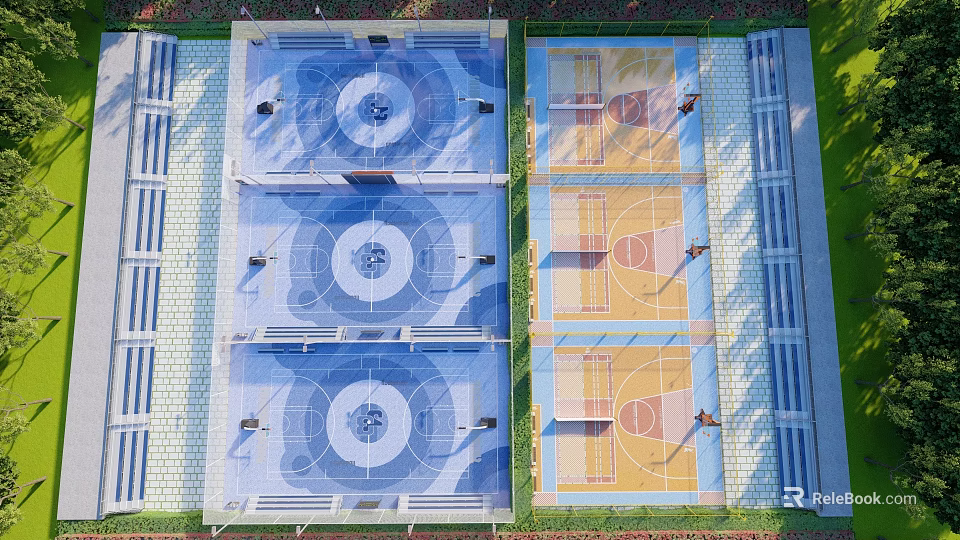 Aerial View Of Multiple Basketball Courts With Colorful Surfaces And Bleachers 3d model 