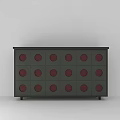 Modern Dark Green Chest of Drawers with Red Circular Accents and Multiple Drawers