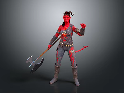 Red Skinned Character With Horns Tail And Axe In Armor Standing Pose 3d model