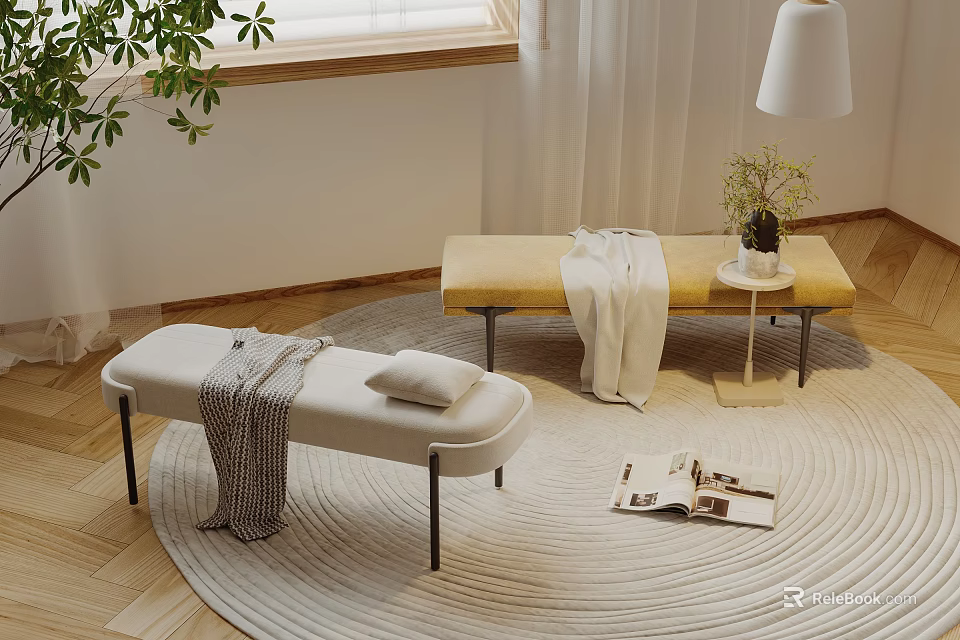 Light Colored And Yellow Sofa Stools With Blankets Pillow And Green Plant On Round Rug 3d model 