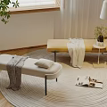 Light Colored And Yellow Sofa Stools With Blankets Pillow And Green Plant On Round Rug