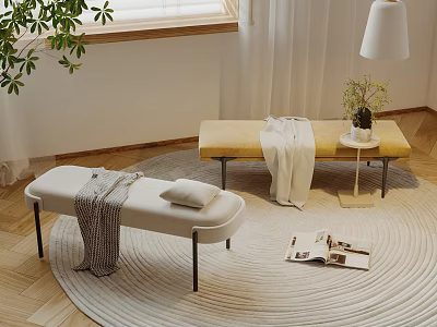 Light Colored And Yellow Sofa Stools With Blankets Pillow And Green Plant On Round Rug 3d model