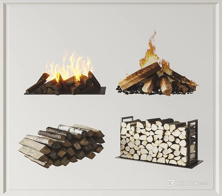 Stone Wood Fireplace Logs Burning with Flames and Stacked Wood Storage Rack 3d model 