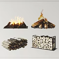 Stone Wood Fireplace Logs Burning with Flames and Stacked Wood Storage Rack