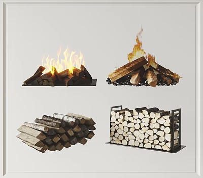 Stone Wood Fireplace Logs Burning with Flames and Stacked Wood Storage Rack 3d model