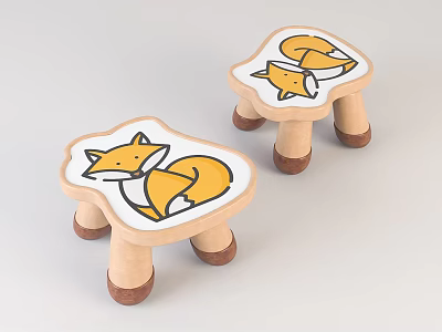 Cute Wooden Kids Stools With Yellow Fox Pattern On White Seat Design 3d model