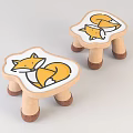 Cute Wooden Kids Stools With Yellow Fox Pattern On White Seat Design