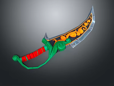 Ornate Decorative Knife With Curved Blade Red Handle Green Accents And Orange Black Patterns 3d model