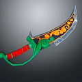 Ornate Decorative Knife With Curved Blade Red Handle Green Accents And Orange Black Patterns
