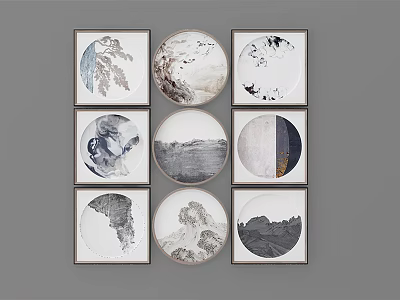 Black White Gray Landscape Decorative Wall Art With Round Square Frames In Grid Arrangement 3d model