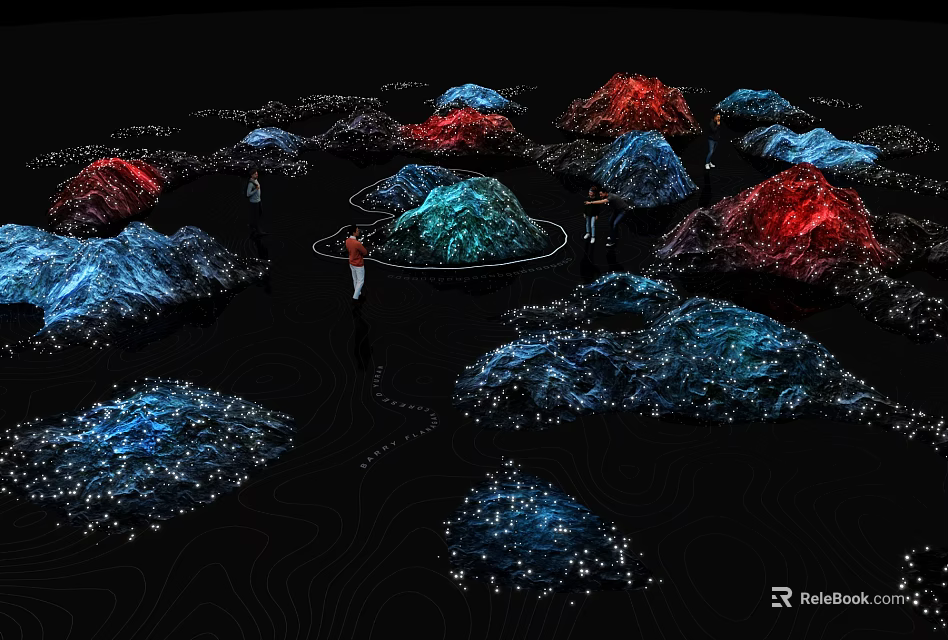 Colorful Illuminated Structures With Light Dots And People Interacting On Black Background 3d model 