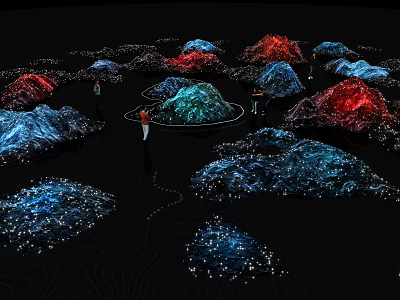 Colorful Illuminated Structures With Light Dots And People Interacting On Black Background 3d model