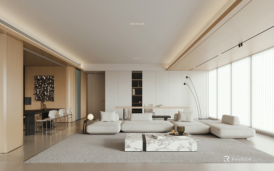 Modern Open Concept Dining and Living Room Interior With Sofa Coffee Table And Natural Light 3d model 