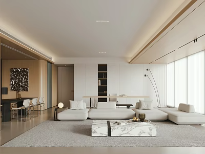 Modern Open Concept Dining and Living Room Interior With Sofa Coffee Table And Natural Light 3d model