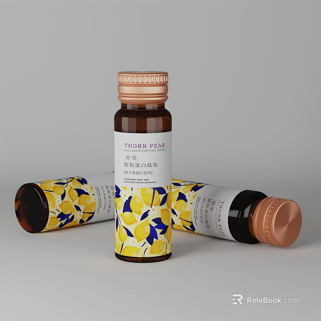 Thorn Pear Natural Flux Bottles With Lemon Pattern And Blue Floral Label Design 3d model 