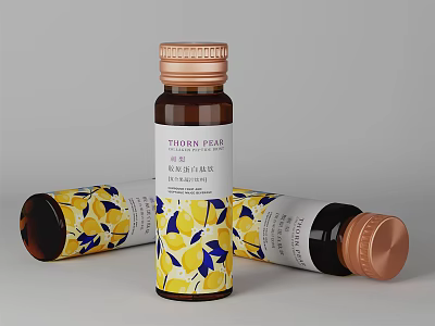 Thorn Pear Natural Flux Bottles With Lemon Pattern And Blue Floral Label Design 3d model