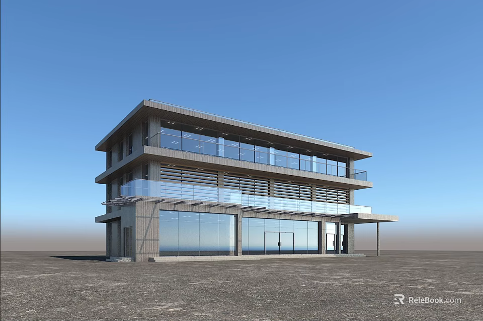 Modern Two Story Building With Glass Windows Gray Exterior Balcony Open Ground And Blue Sky 3d model 