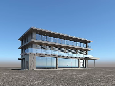 Modern Two Story Building With Glass Windows Gray Exterior Balcony Open Ground And Blue Sky 3d model