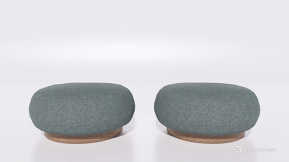 Two Green Fabric Ottoman Poufs With Wooden Base For Living Room 3d model 