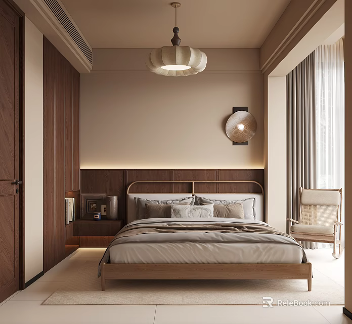 Modern Bedroom Interior With Wooden Headboard Pendant Light Wall Lamp And Curtains 3d model 