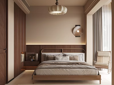 Modern Bedroom Interior With Wooden Headboard Pendant Light Wall Lamp And Curtains 3d model