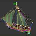 Orange Hull Sailing Boat With Green Yellow Striped Sails And Yellow Mast Flag