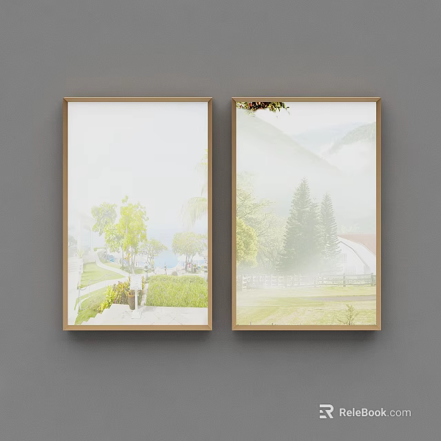 Two Landscape Paintings Featuring Green Trees Misty Mountains Small House Path Hung On Gray Wall 3d model