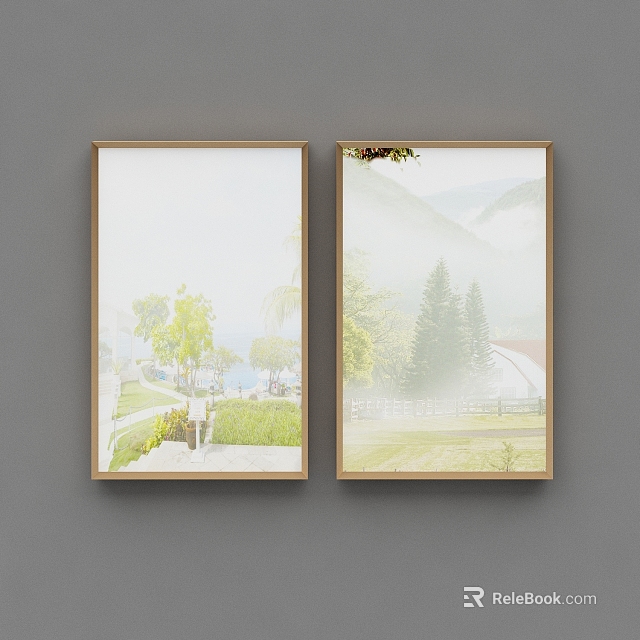 Two Landscape Paintings Featuring Green Trees Misty Mountains Small House Path Hung On Gray Wall 3d model 