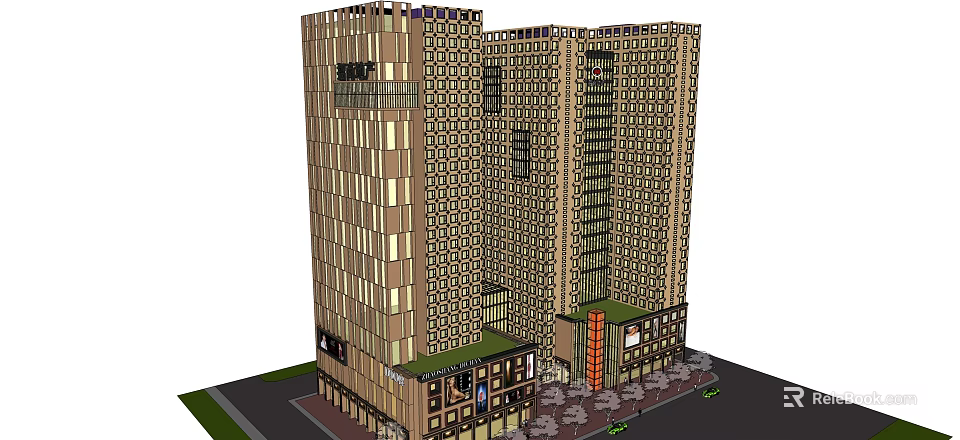 Modern Commercial Complex With High Rise Architecture Glass Curtain Wall And Retail Outlets 3d model 