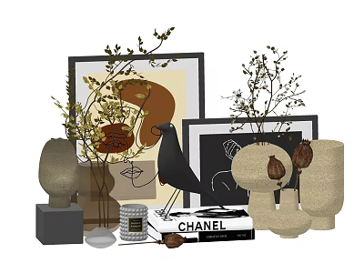 Modern Decorative Ornament Set With Black Sculpture Vases Decorative Paintings CHANEL Book And Dried Branches 3d model