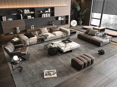 Modern Living Room Sofa And Coffee Table Set With Area Rug Decorative Pillows And Bookshelf 3d model