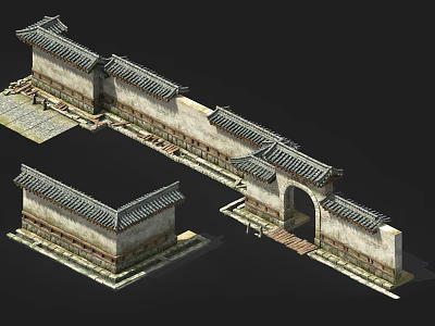Traditional Chinese Ancient Architectural Exterior Wall With Stone Brick Tile Roof Eaves And Archway Structure 3d model