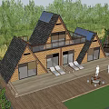 Modern Wooden Restaurant With Solar Panel Roof And Outdoor Deck Sun Loungers Trees Around