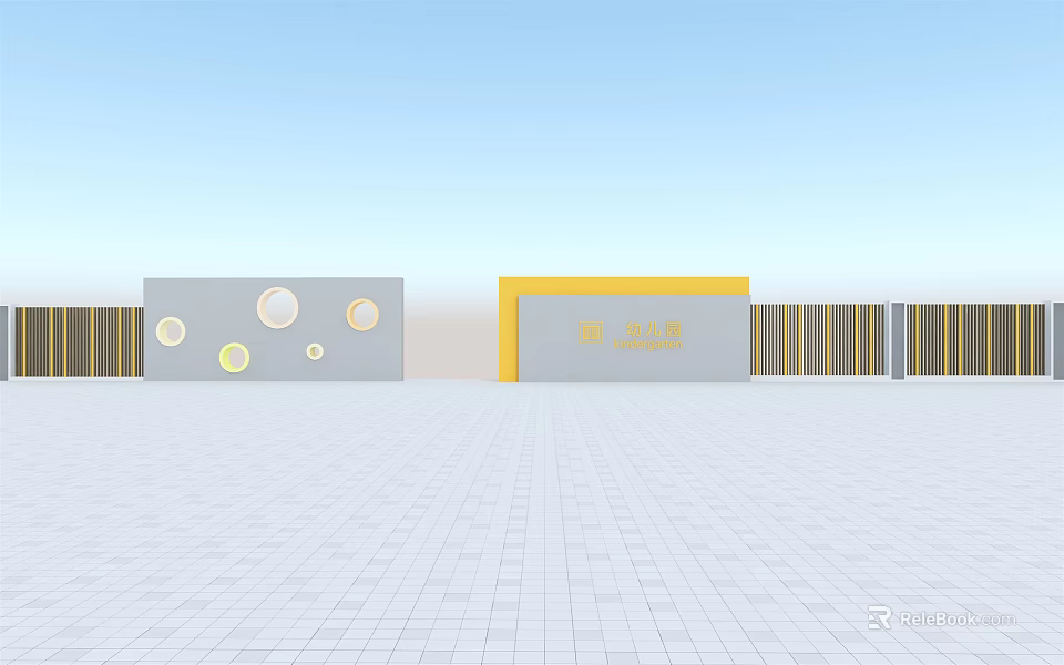 Modern Entrance Gate With Gray Yellow Exterior Circular Decorations And Striped Design 3d model 