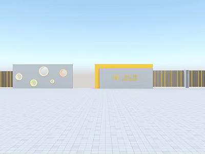 Modern Entrance Gate With Gray Yellow Exterior Circular Decorations And Striped Design 3d model