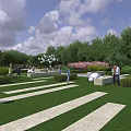 Scenic Square Landscape With Green Lawn Stone Pathways Trees Pedestrians And Flower Beds