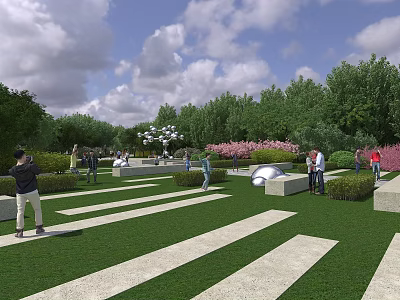 Scenic Square Landscape With Green Lawn Stone Pathways Trees Pedestrians And Flower Beds 3d model