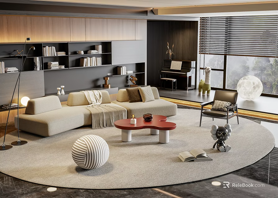 Modern Living Room Sofa And Coffee Table Set With Piano Decorative Carpet And Bookshelf 3d model 